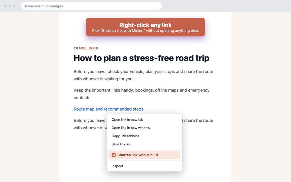 Chrome right-click menu with the “Shorten link with Miniurl” option