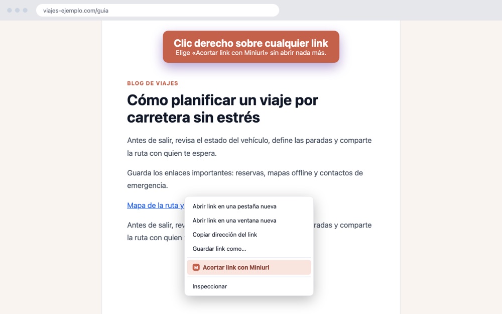 Menú de clic derecho de Chrome con la opción «Acortar link con Miniurl»
