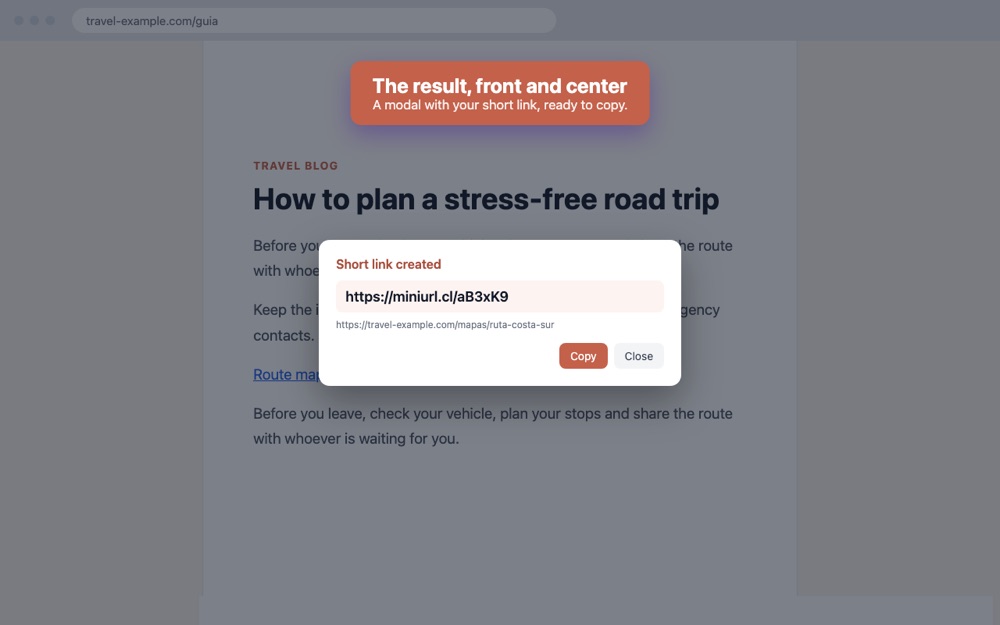 Window with the created short link and the copy button