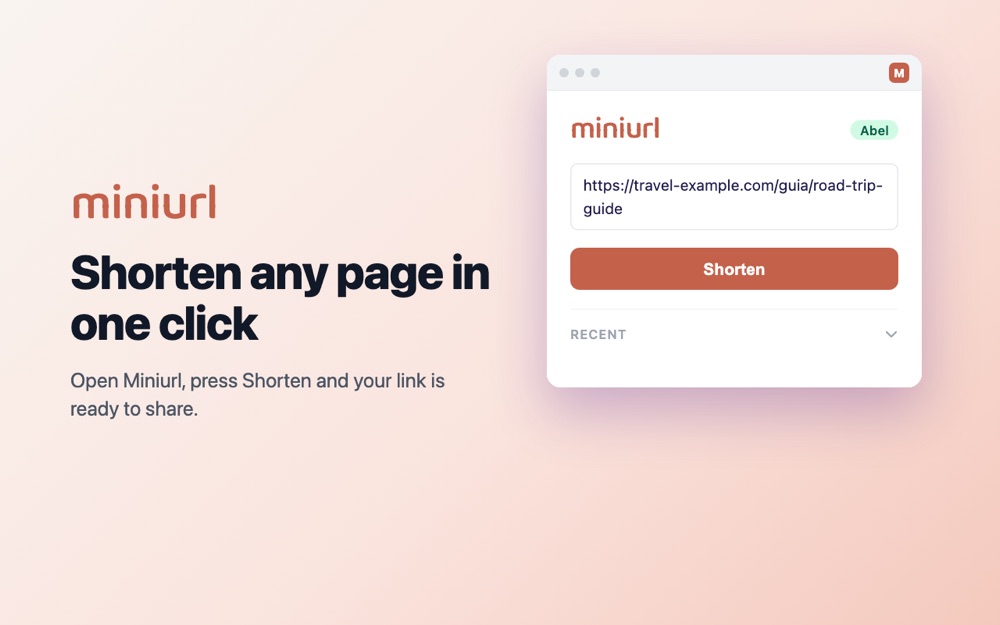 Miniurl extension window in Chrome showing a newly created short link