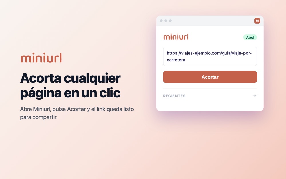 Ventana de la extensión de Miniurl en Chrome mostrando un link corto recién creado